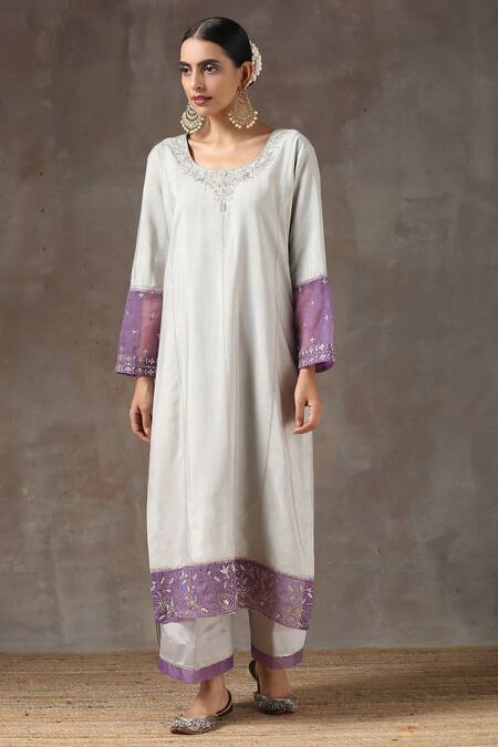 Kanika Sharma_Grey Satin, Silk, Tussar Embroidered Kurta Set_Online_at_Aza_Fashions