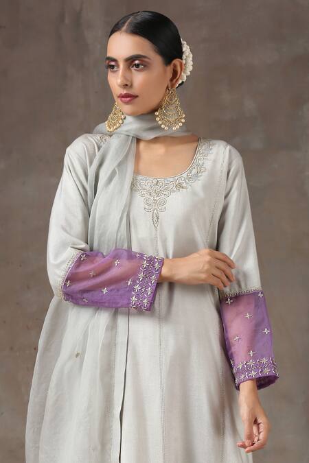 Shop_Kanika Sharma_Grey Satin, Silk, Tussar Embroidered Kurta Set_Online_at_Aza_Fashions