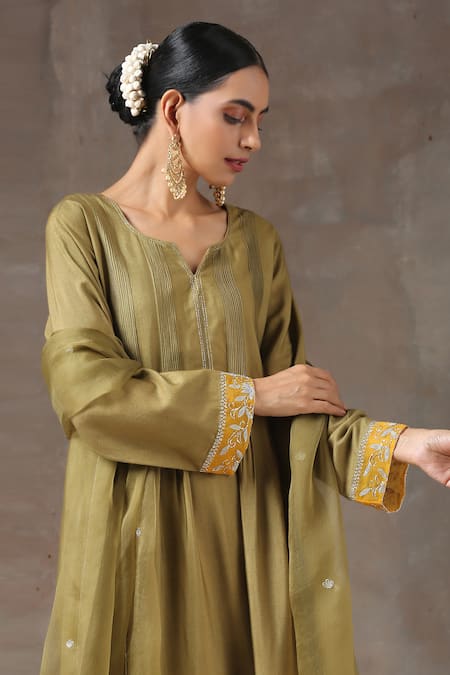 Shop_Kanika Sharma_Green Satin, Silk, Tussar Embroidered Kurta Set _Online_at_Aza_Fashions