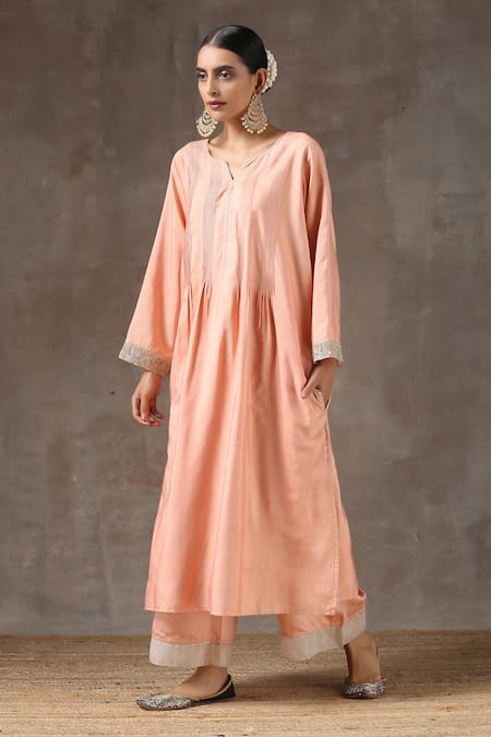 Kanika Sharma_Peach Satin, Silk, Tussar Embroidered Kurta Set _Online_at_Aza_Fashions