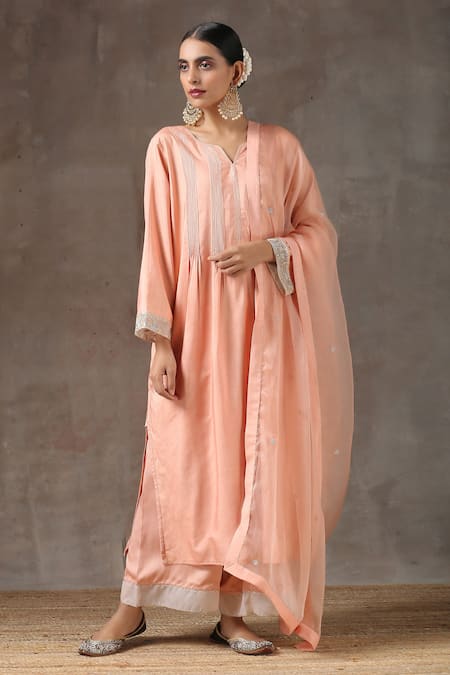 Buy_Kanika Sharma_Peach Satin, Silk, Tussar Embroidered Kurta Set _Online_at_Aza_Fashions