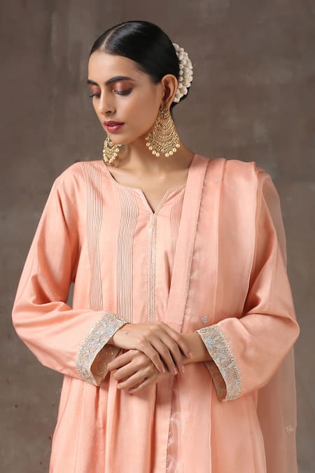 Shop_Kanika Sharma_Peach Satin, Silk, Tussar Embroidered Kurta Set _Online_at_Aza_Fashions
