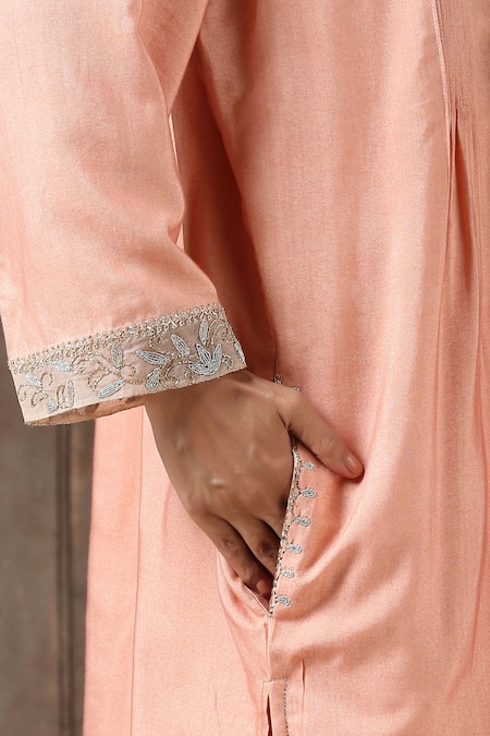 Kanika Sharma_Peach Satin, Silk, Tussar Embroidered Kurta Set _at_Aza_Fashions