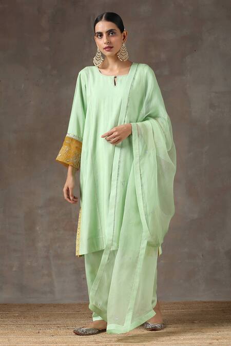 Buy_Kanika Sharma_Green Satin, Silk, Tussar Embroidered Kurta Set _Online_at_Aza_Fashions