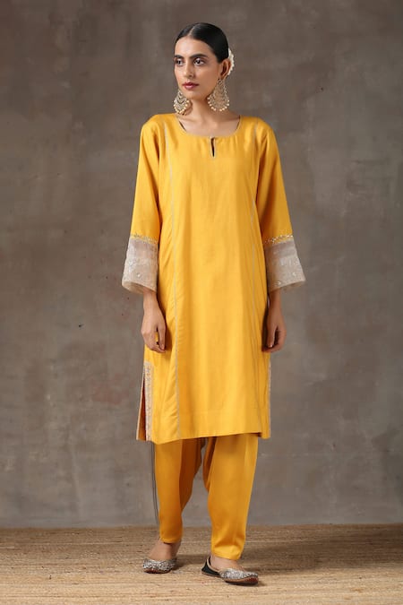 Kanika Sharma_Yellow Satin, Silk, Tussar Embroidered Kurta Set _Online_at_Aza_Fashions