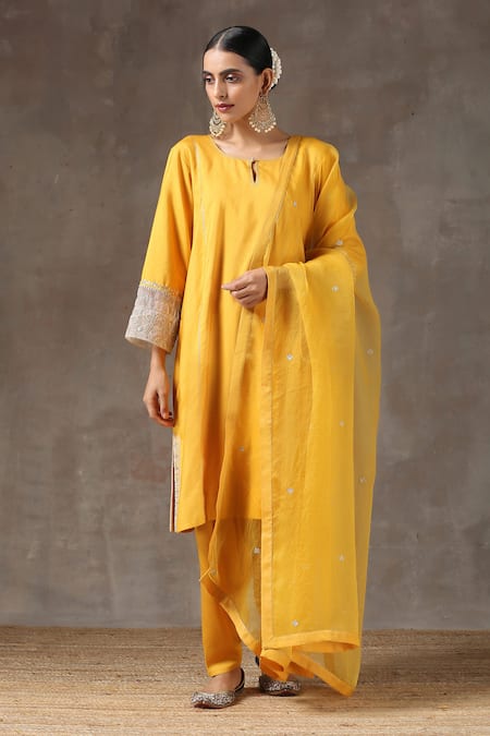 Buy_Kanika Sharma_Yellow Satin, Silk, Tussar Embroidered Kurta Set _Online_at_Aza_Fashions