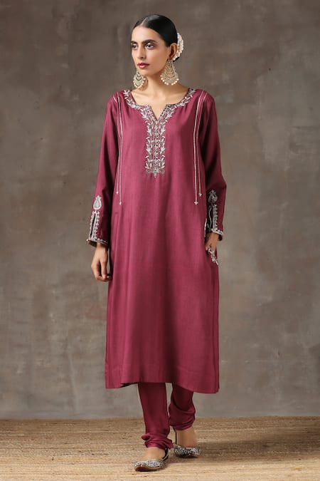 Kanika Sharma_Maroon Satin, Silk, Tussar Embroidered Kurta Set _Online_at_Aza_Fashions