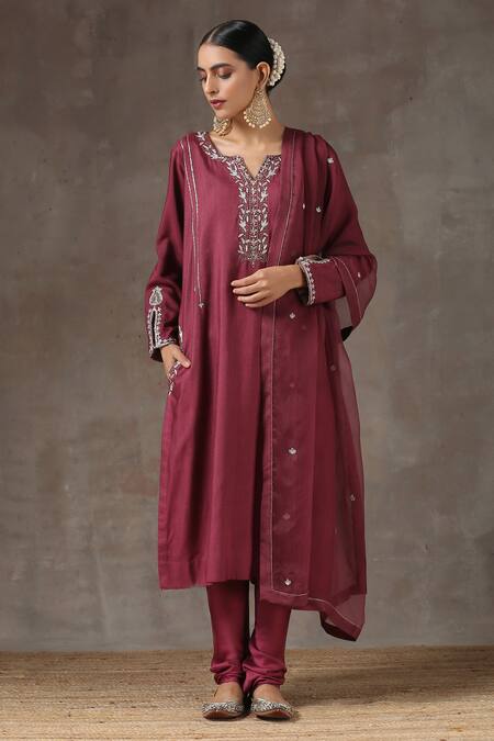 Buy_Kanika Sharma_Maroon Satin, Silk, Tussar Embroidered Kurta Set _Online_at_Aza_Fashions