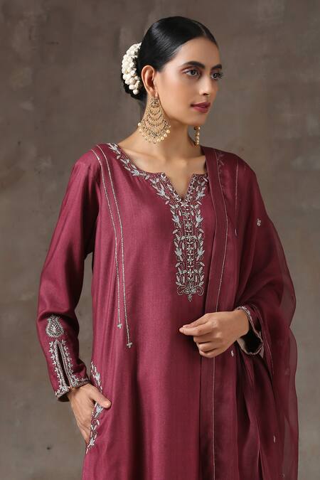 Shop_Kanika Sharma_Maroon Satin, Silk, Tussar Embroidered Kurta Set _Online_at_Aza_Fashions