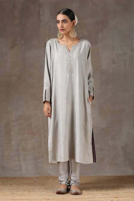 Kanika Sharma_Grey Satin, Silk, Tussar Embroidered Kurta Set _Online_at_Aza_Fashions