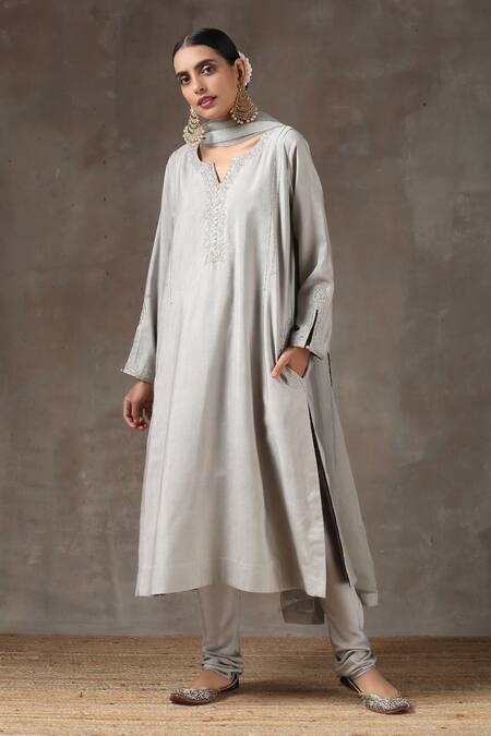 Buy_Kanika Sharma_Grey Satin, Silk, Tussar Embroidered Kurta Set _Online_at_Aza_Fashions