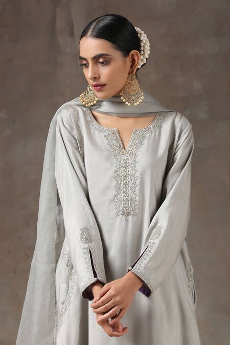 Shop_Kanika Sharma_Grey Satin, Silk, Tussar Embroidered Kurta Set _Online_at_Aza_Fashions