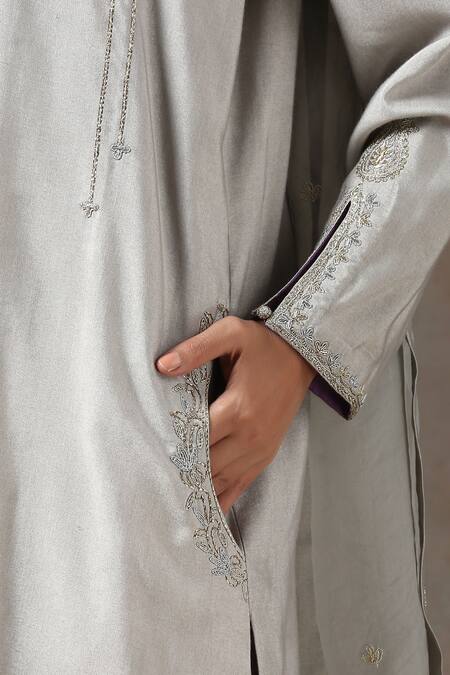 Kanika Sharma_Grey Satin, Silk, Tussar Embroidered Kurta Set _at_Aza_Fashions