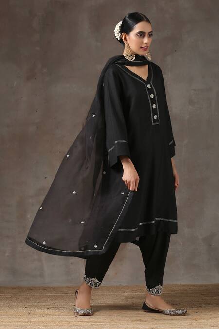 Buy_Kanika Sharma_Black Satin, Silk, Tussar Embroidered Kurta Set _Online_at_Aza_Fashions