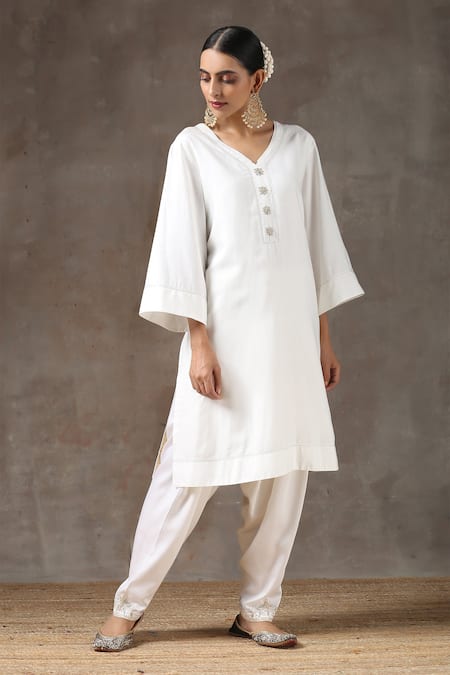Buy_Kanika Sharma_White Tussar, Satin, Embroidery Kurta Set_Online_at_Aza_Fashions