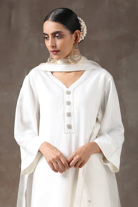 Shop_Kanika Sharma_White Tussar, Satin, Embroidery Kurta Set_Online_at_Aza_Fashions