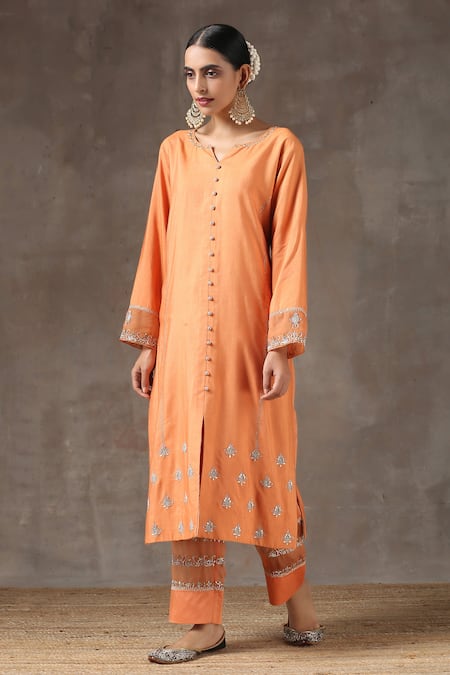 Kanika Sharma_Orange Satin, Silk, Tussar Embroidered Kurta Set_Online_at_Aza_Fashions