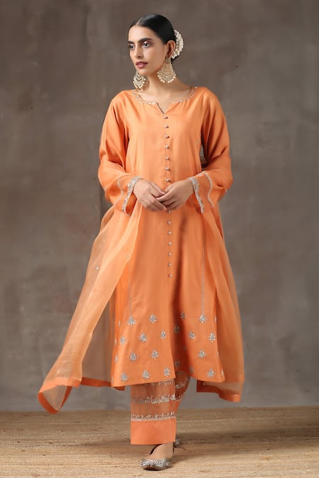 Buy_Kanika Sharma_Orange Satin, Silk, Tussar Embroidered Kurta Set_Online_at_Aza_Fashions