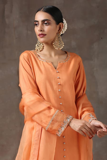 Shop_Kanika Sharma_Orange Satin, Silk, Tussar Embroidered Kurta Set_Online_at_Aza_Fashions