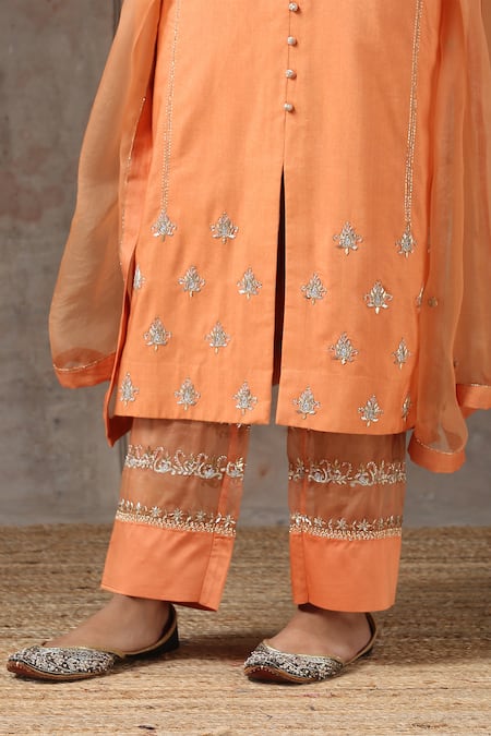 Kanika Sharma_Orange Satin, Silk, Tussar Embroidered Kurta Set_at_Aza_Fashions