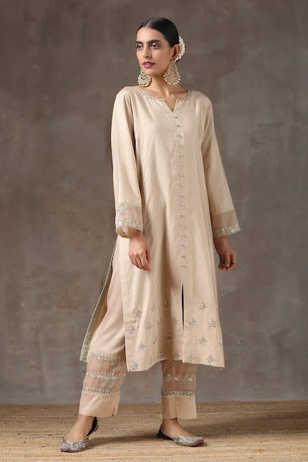 Kanika Sharma_Beige Satin, Silk, Tussar Embroidered Kurta Set_Online_at_Aza_Fashions