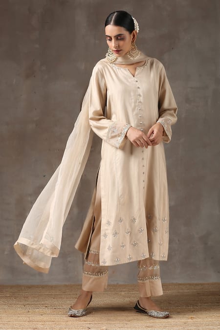 Buy_Kanika Sharma_Beige Satin, Silk, Tussar Embroidered Kurta Set_Online_at_Aza_Fashions