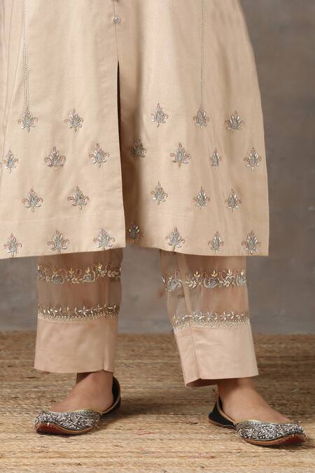 Kanika Sharma_Beige Satin, Silk, Tussar Embroidered Kurta Set_at_Aza_Fashions