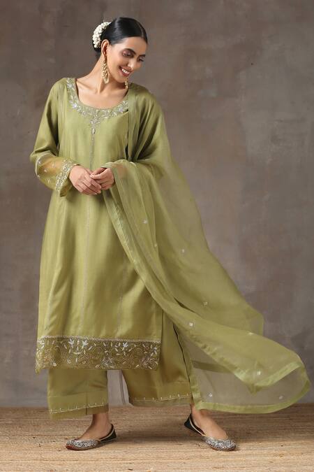 Kanika Sharma_Green Satin, Silk, Tussar Embroidered Kurta Set _Online_at_Aza_Fashions
