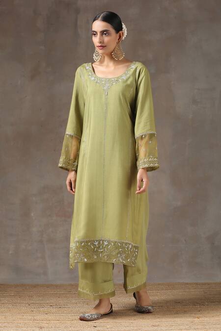 Buy_Kanika Sharma_Green Satin, Silk, Tussar Embroidered Kurta Set _Online_at_Aza_Fashions