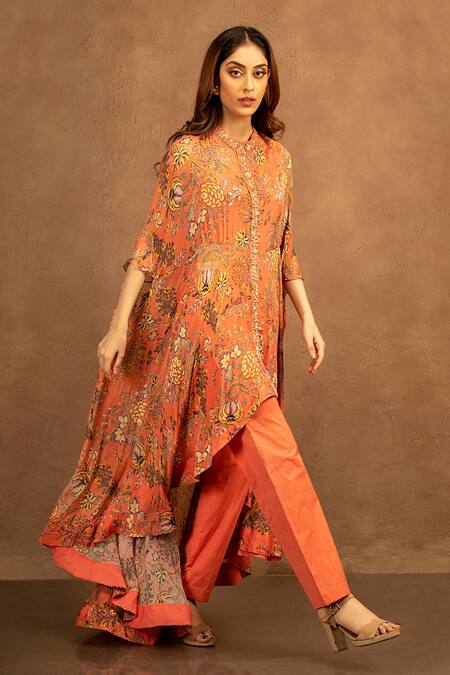 Shop Kashmiraa Peach Chiffon Floral Motifs Round Primrose Asymmetric Kurta And Pant Set at Aza Fashions Shop_Kashmiraa_Peach Chiffon Floral Motifs Round Primrose Asymmetric Kurta And Pant Set_at_Aza_Fashions