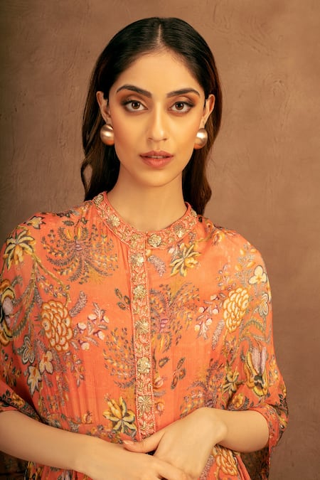 Kashmiraa Peach Chiffon Floral Motifs Round Primrose Asymmetric Kurta And Pant Set Online at Aza Fashions Kashmiraa_Peach Chiffon Floral Motifs Round Primrose Asymmetric Kurta And Pant Set_Online_at_Aza_Fashions