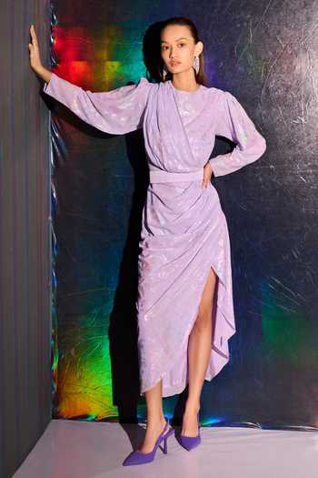 Buy Kangana Trehan Purple Foil Georgette Embroidery Round Metallic Print Draped Dress at Aza Fashions Buy_Kangana Trehan_Purple Foil Georgette Embroidery Round Metallic Print Draped Dress_at_Aza_Fashions