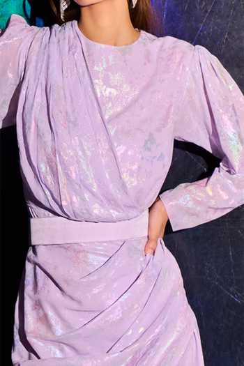 Kangana Trehan Purple Foil Georgette Embroidery Round Metallic Print Draped Dress Online at Aza Fashions Kangana Trehan_Purple Foil Georgette Embroidery Round Metallic Print Draped Dress_Online_at_Aza_Fashions