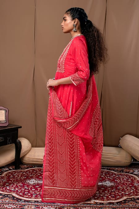 Shop_Label Kinjal Modi_Peach Cotton Silk Embroidered Mirror Work Bandhani Kurta Palazzo Set  _at_Aza_Fashions