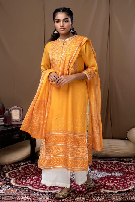 Label Kinjal Modi Yellow Cotton Silk Mirror Work Band Collar Kurta Palazzo Set 
