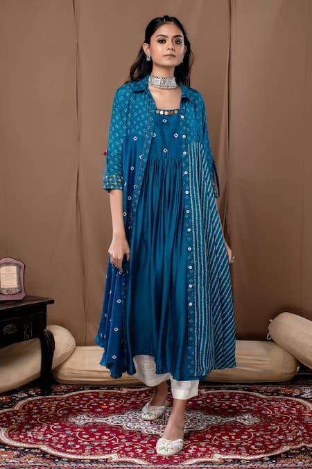 Label Kinjal Modi Blue Cotton Silk Printed Bandhani Jacket Collar And Tunic  