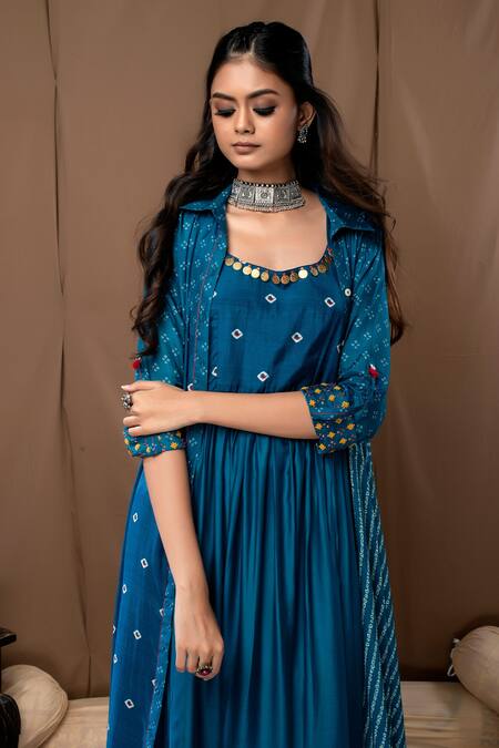 Label Kinjal Modi Blue Cotton Silk Bandhani Jacket Collar Print And Tunic Online at Aza Fashions Label Kinjal Modi_Blue Cotton Silk Bandhani Jacket Collar Print And Tunic _Online_at_Aza_Fashions