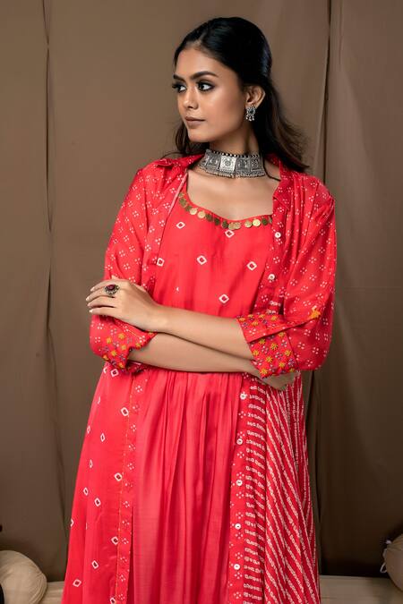 Label Kinjal Modi Peach Cotton Silk Bandhani Jacket Collar Printed And Tunic Online at Aza Fashions Label Kinjal Modi_Peach Cotton Silk Bandhani Jacket Collar Printed And Tunic _Online_at_Aza_Fashions