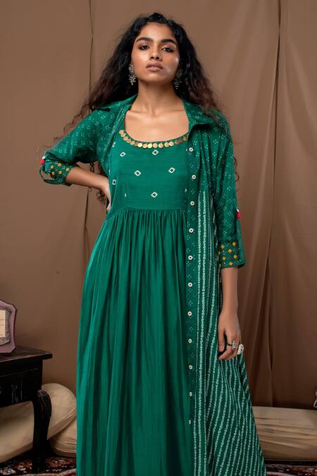 Label Kinjal Modi Green Cotton Silk Bandhani Jacket Collar And Gathered Tunic Online at Aza Fashions Label Kinjal Modi_Green Cotton Silk Bandhani Jacket Collar And Gathered Tunic _Online_at_Aza_Fashions