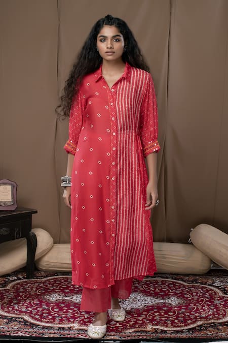 Label Kinjal Modi Peach Cotton Silk Printed Bandhani Collared Neck Tunic And Pant Set  