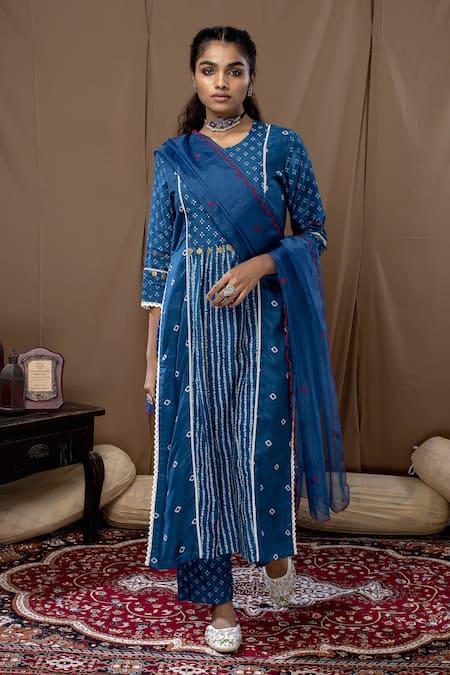 Label Kinjal Modi Blue Cotton Silk Printed Bandhani Round Kurta Set  