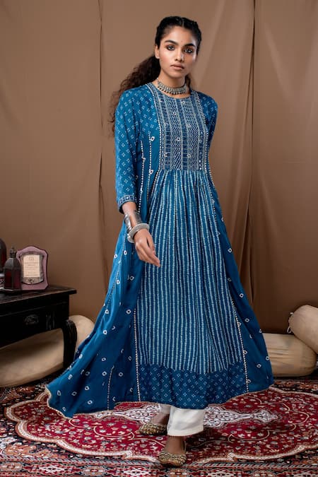 Label Kinjal Modi Blue Cotton Silk Printed Bandhani Round Anarkali And Pant  