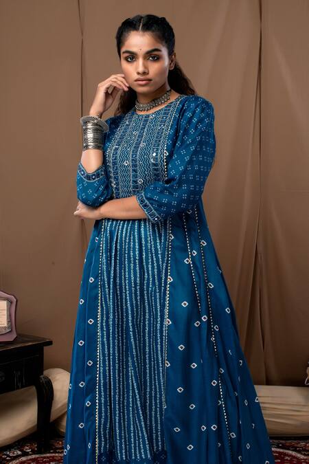 Label Kinjal Modi_Blue Cotton Silk Bandhani Round Print Anarkali And Pant _Online_at_Aza_Fashions