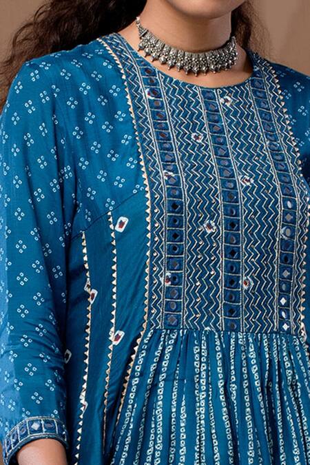 Buy_Label Kinjal Modi_Blue Cotton Silk Bandhani Round Print Anarkali And Pant _Online_at_Aza_Fashions