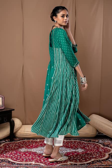 Shop Label Kinjal Modi Green Cotton Silk Bandhani Round Mirror Embroidered Anarkali And Pant at Aza Fashions Shop_Label Kinjal Modi_Green Cotton Silk Bandhani Round Mirror Embroidered Anarkali And Pant _at_Aza_Fashions