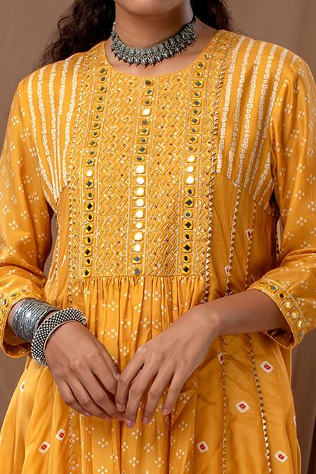 Buy Label Kinjal Modi Yellow Cotton Silk Bandhani Round Printed Anarkali And Pant Set Online at Aza Fashions Buy_Label Kinjal Modi_Yellow Cotton Silk Bandhani Round Printed Anarkali And Pant Set _Online_at_Aza_Fashions