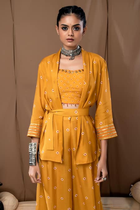 Label Kinjal Modi Yellow Cotton Silk Bandhani Bustier Sweetheart Neck Palazzo Set With Jacket Online at Aza Fashions Label Kinjal Modi_Yellow Cotton Silk Bandhani Bustier Sweetheart Neck Palazzo Set With Jacket _Online_at_Aza_Fashions