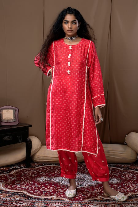 Label Kinjal Modi Peach Cotton Silk Bandhani Round Print Kurta And Salwar Set 