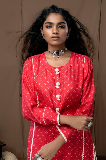 Label Kinjal Modi_Peach Cotton Silk Bandhani Round Print Kurta And Salwar Set _Online_at_Aza_Fashions