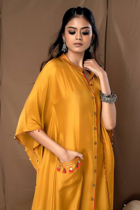 Label Kinjal Modi Yellow Cotton Silk Coin Tassels Band Collar Kaftan And Bandhani Print Pant Online at Aza Fashions Label Kinjal Modi_Yellow Cotton Silk Coin Tassels Band Collar Kaftan And Bandhani Print Pant _Online_at_Aza_Fashions